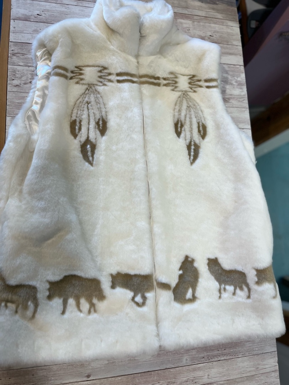 Norther Living Faux Fur Medium Vest with Brown Animal & Feather Motif